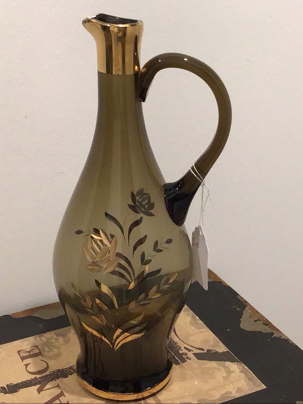 Vintage Olive Green Glass Ewer with Hand Applied Gold Floral Accents.